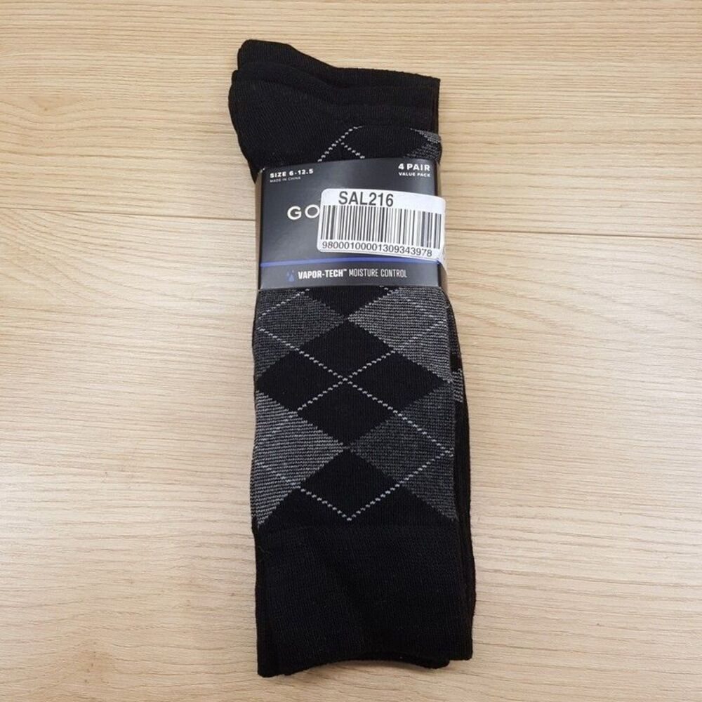 GOLD TOE Dress Socks Mens Black 4-Pack Argyle Solid Textured Vapor Tech
